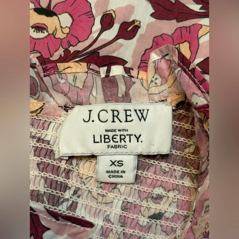 J. Crew Liberty Fabric Pink Floral Smocked Long Sleeve Top Button Back XS